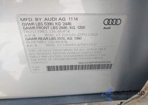 2015 Audi Q5 2.0T Premium из США, поврежденный, VIN WA1LFAFP3FA069364